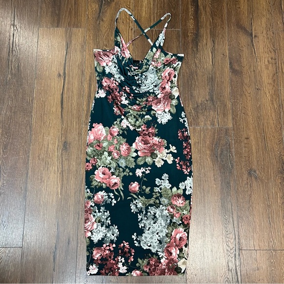 Guess green floral front swag midi dress SZ LG - Picture 1 of 3
